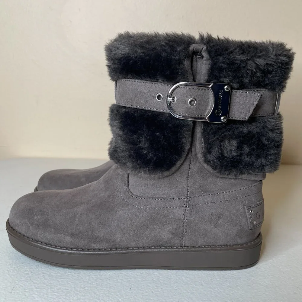 Guess Aussie Faux Fur Gray Ankle Booties Size 6